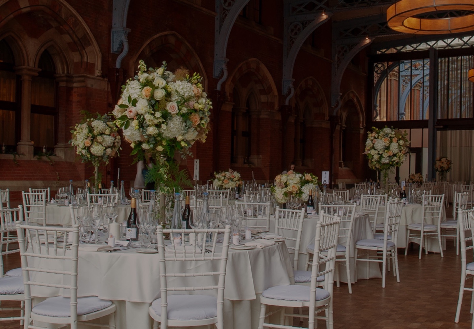 Pedestal arrangements in a grand Victorian banqueting hall